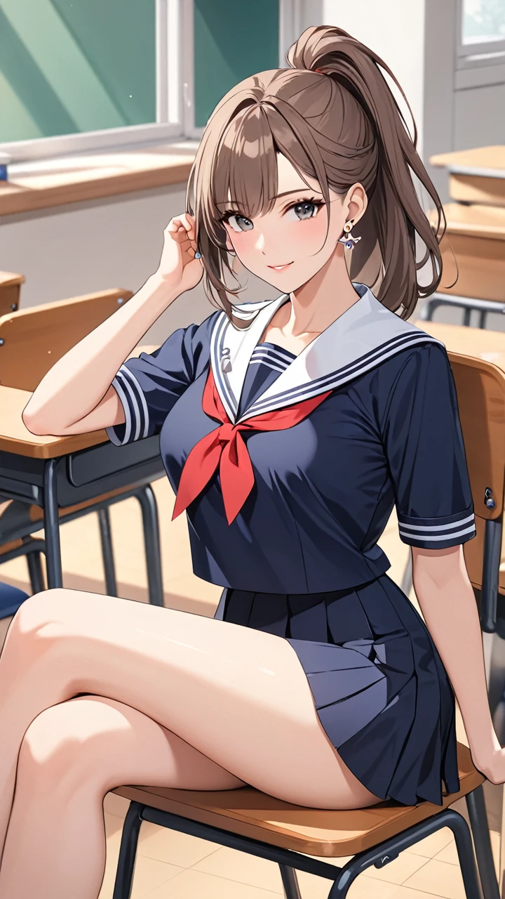 Highest quality masterpiece High resolution masterpiece Brown Bob Grey Eyes, high pony tail cut, wearing sailor uniform, seductive smile, tight, sit on chair, classroom, mature female, adjusting hair, earrings,