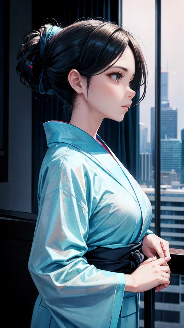 Skyscraper rooftop Fireworks set off in the background Mature Woman Black hair chignon A vibrant turquoise yukata Profile looking up at the sky