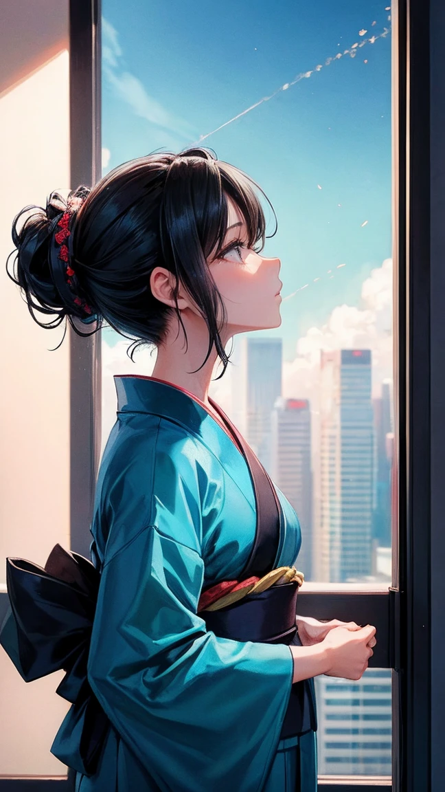 Skyscraper rooftop　Fireworks set off in the background　Mature Woman　Black hair chignon　A vibrant turquoise yukata　Profile looking up at the sky