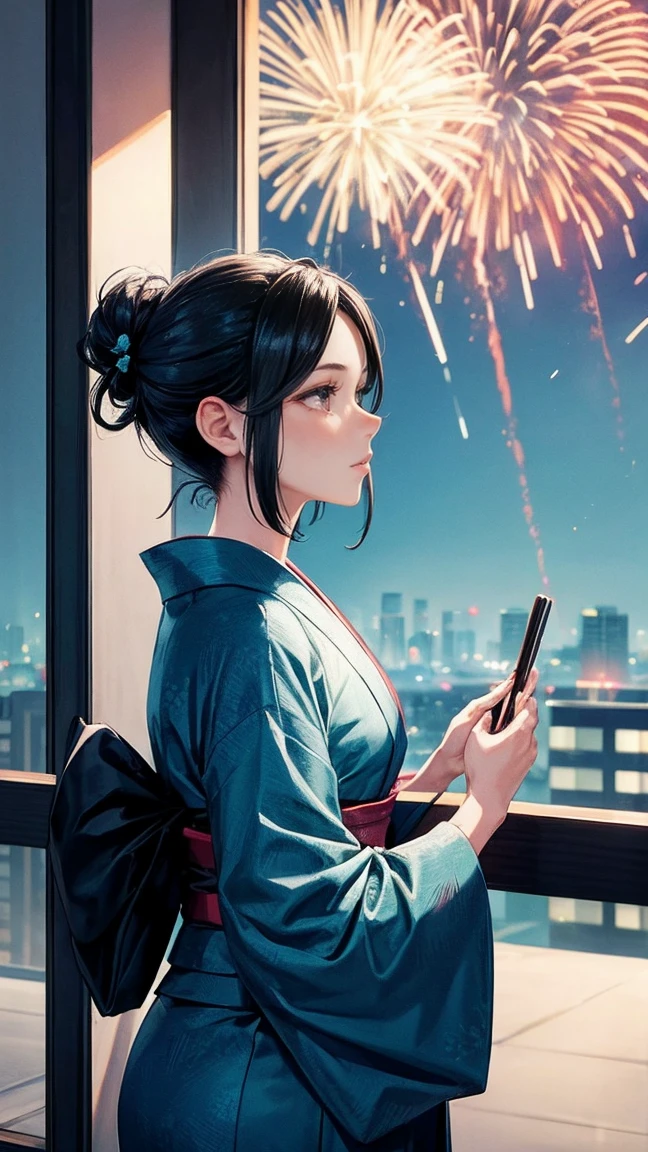 Skyscraper rooftop Fireworks set off in the background Mature Woman Black hair chignon A vibrant turquoise yukata Profile looking up at the sky