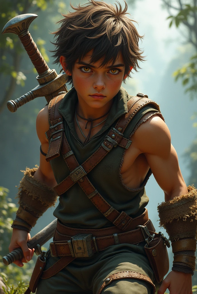 Create a character with the following characteristics:
A age boy, with tanned skin, brown hair, golden eyes and a well-toned body, who is a monster hunter.
