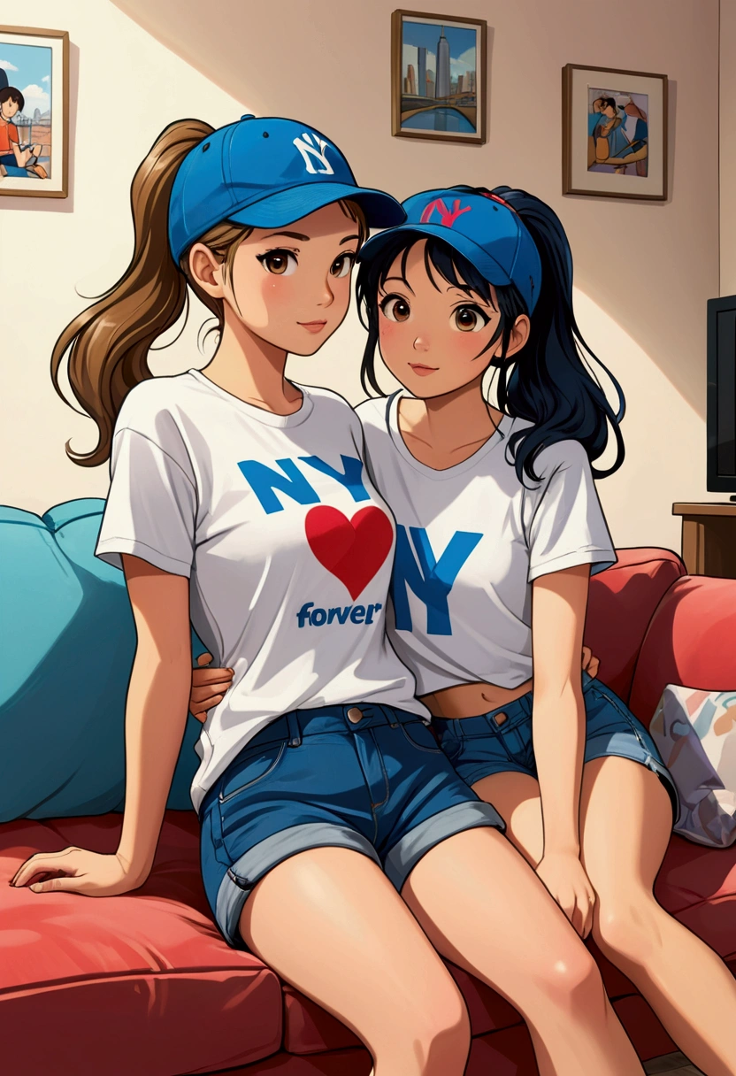 Name "FreenBecky Forever" in a fun, very colorful, 3d graffiti style font and create an idyllic Anime/Comic style image of two young women in love, sitting on a couch watching TV, one is a beautiful Asian girl with long black hair tied in a ponytail and is wearing a petrol blue baseball cap with the letters "NY" intertwined as decoration, a white short-sleeved t-shirt and blue jean shorts, she is barefoot. Next to her is her love, a beautiful British girl with loose, semi-short light brown hair and who is dressed in a light colored short-sleeved t-shirt and light colored wide long pants, she is barefoot too, they are enjoying the moment together, relaxed, they share a blanket with much love and tenderness.