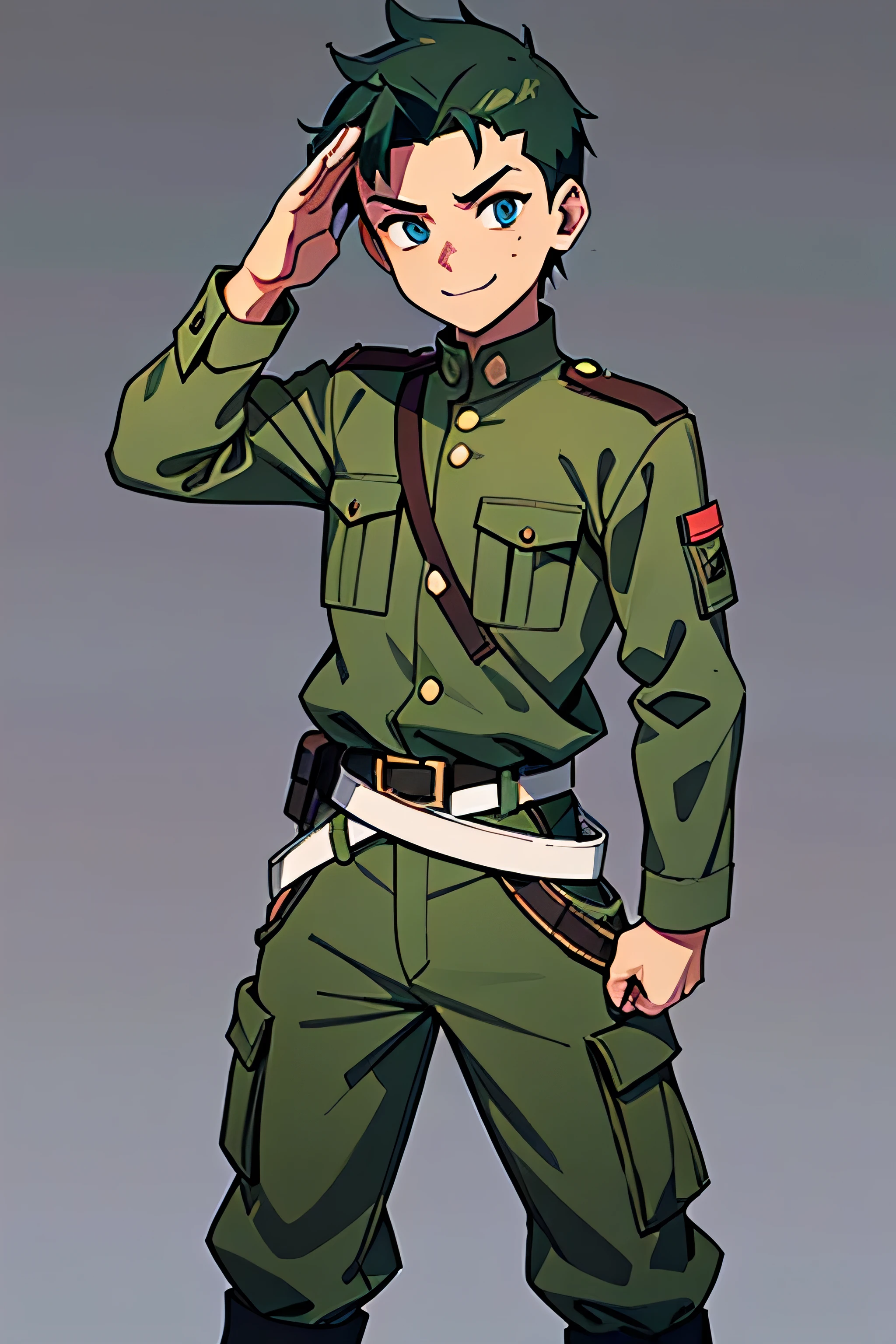 Anime-style illustration featuring a young male character full body image, with short, spiky dark green hair and light skin. dark eyes, friendly attitude, compassionate smile, He has a confident expression with blue eyes and a small bandage on his left cheek. The character is wearing a military uniform, with cargo pants, olive color, He also has a white belt and white straps over his shoulders. His right hand is raised to his forehead in a casual salute, and he wears a cross earring in his left ear. The background is dark with abstract, blurred shapes and light spots, asian features