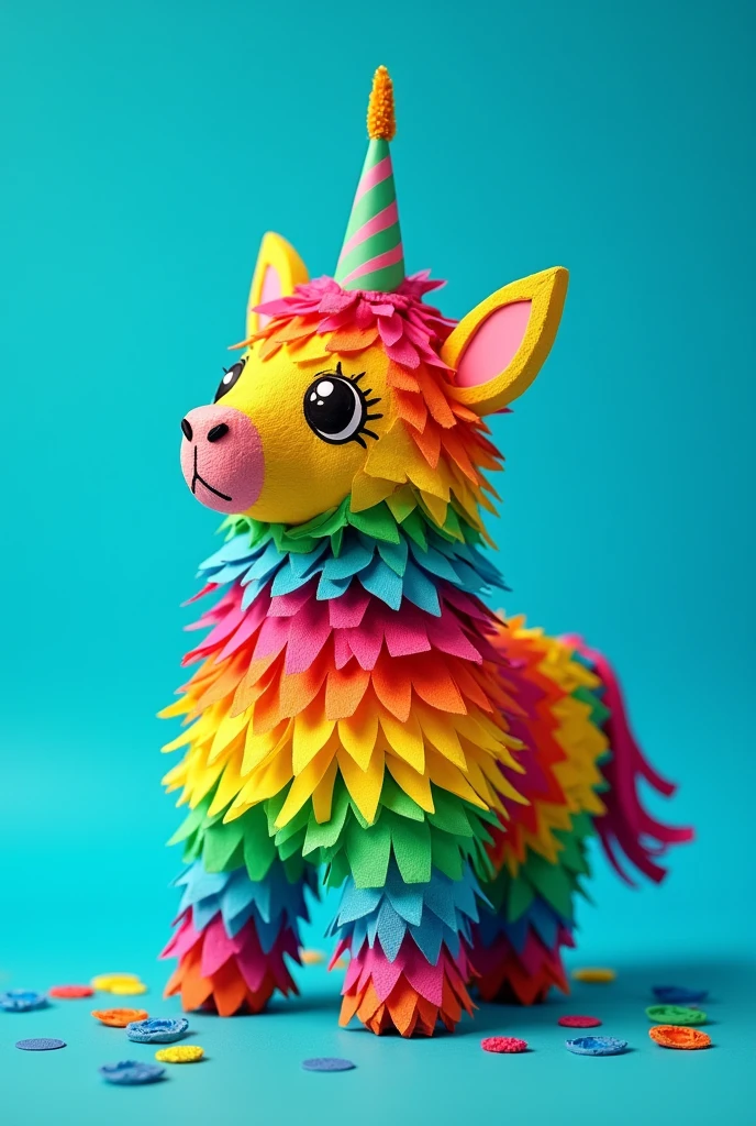 Create a colorful 3D pinata image with a blue background, close-up angle