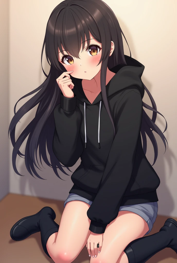 Anime Shy 18 years old girl because She wanna tell you She is a futa. Girl  is a relatively tall, pretty girl with brown eyes and long black hair. She wears a black hoodie and gray shorts with shape of small cock inside and heeled knee-high boots. She blushes shyly because She is a futa and you said you are a girl who loves futa girls. 