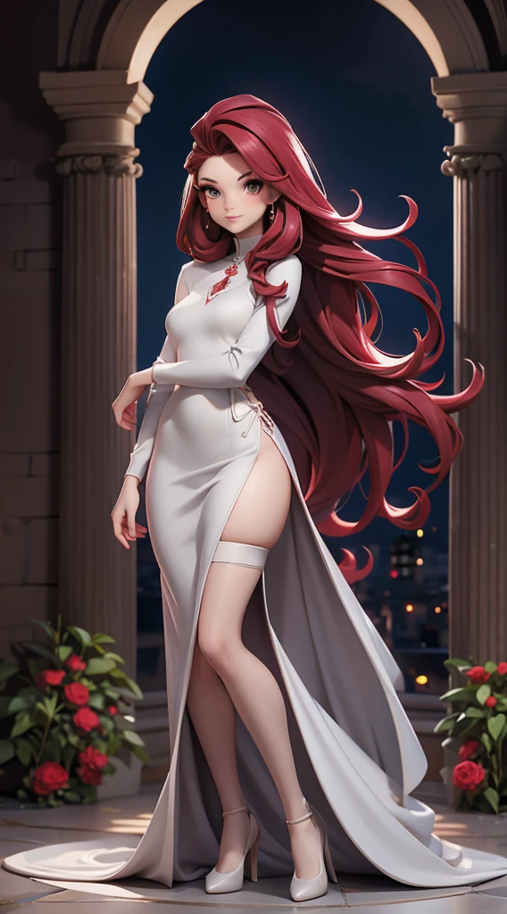 brunette woman , 21 years old year old, thin and small, light gray elegant long dress, red hair, beauty, high stocking, full body, background garden in the night