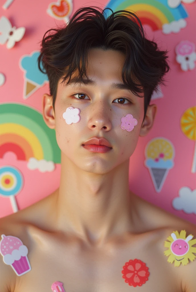 Foto realisitic de um cantor de kpop masculino coreano, jungkook BTS, 24 years, pale face, beautiful face, face with rosy cheeks and freckles, Muscular and strong body, shaved hair, shaven hair, shaved hair, wearing no shirt, body with several stickers glued, stickers on your face too, making cute poses, background with rainbow stickers, ice cream, lollipop, butterflys, concept Photo, realisitic, idol, close-up do rosto, facing the front ,cute face, rosto close-up ,
