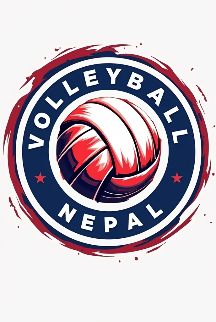 Create a volleyball Nepal round logo with volleyball and text is volleyball Nepal and colour is red and blue or text colour is White