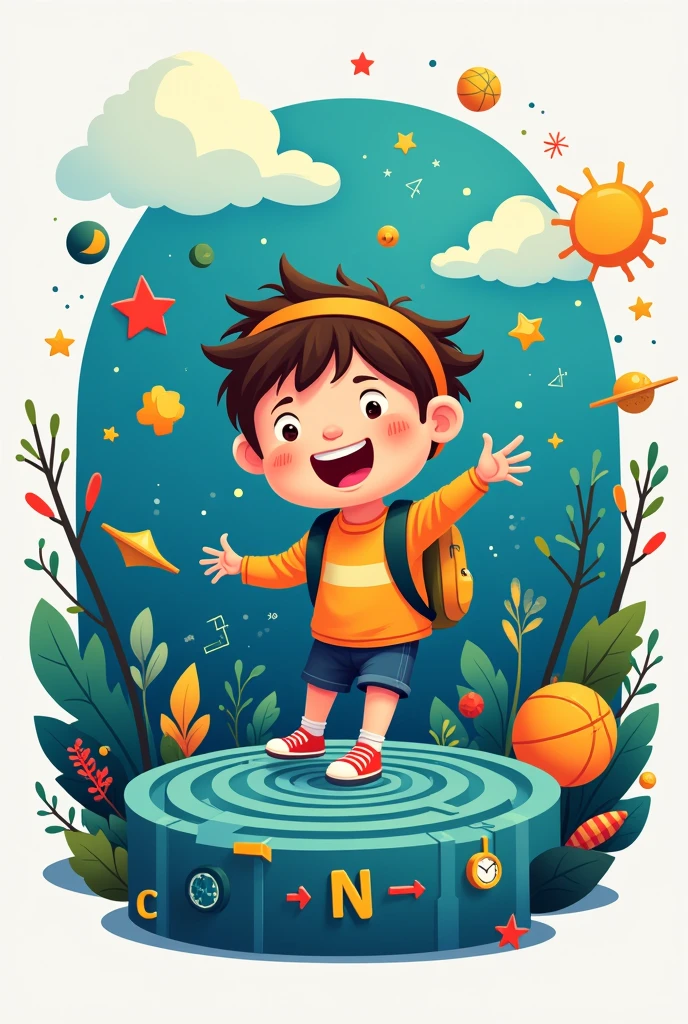 I need to create a logo of a child named PLIM who is inside a maze and the maze is surrounded by mathematical thinking topics for preschool.