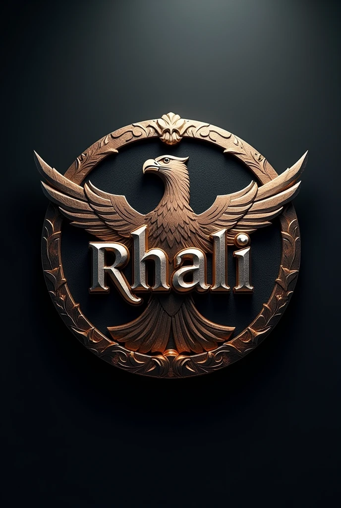 3D logo with name written "RHALI BLLESSED" there is a picture of a garuda behind the writing, round shape focus, emboss effect, stainless steel, artistic elegance, glowing efek.auto focus, warna logo stainless steel, dark color background