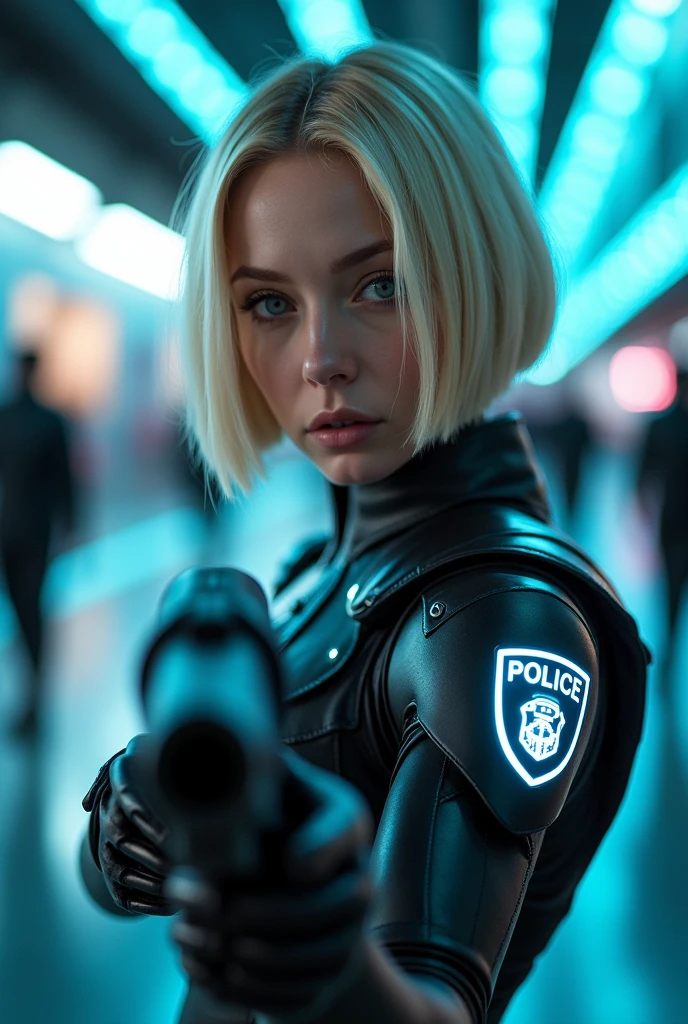 a cinematic photo of a young woman (Beautiful face, supermodel) with fair skin and short, straight bob blonde hair, wearing a futuristic Police uniform with neon accents and a (police logo) on the right sleeve that glows with a soft blue light. The uniform has a metallic, robotic exoskeleton design, with mechanical limbs and wires visible underneath. She has on high-tech, Her expression is focused and intense as she points a sleek, Both hands high-tech sports pistol directly at the camera. The background is blurred, suggesting a futuristic, high-tech street arena with a glowing blue track and indistinct figures in the distance. photography