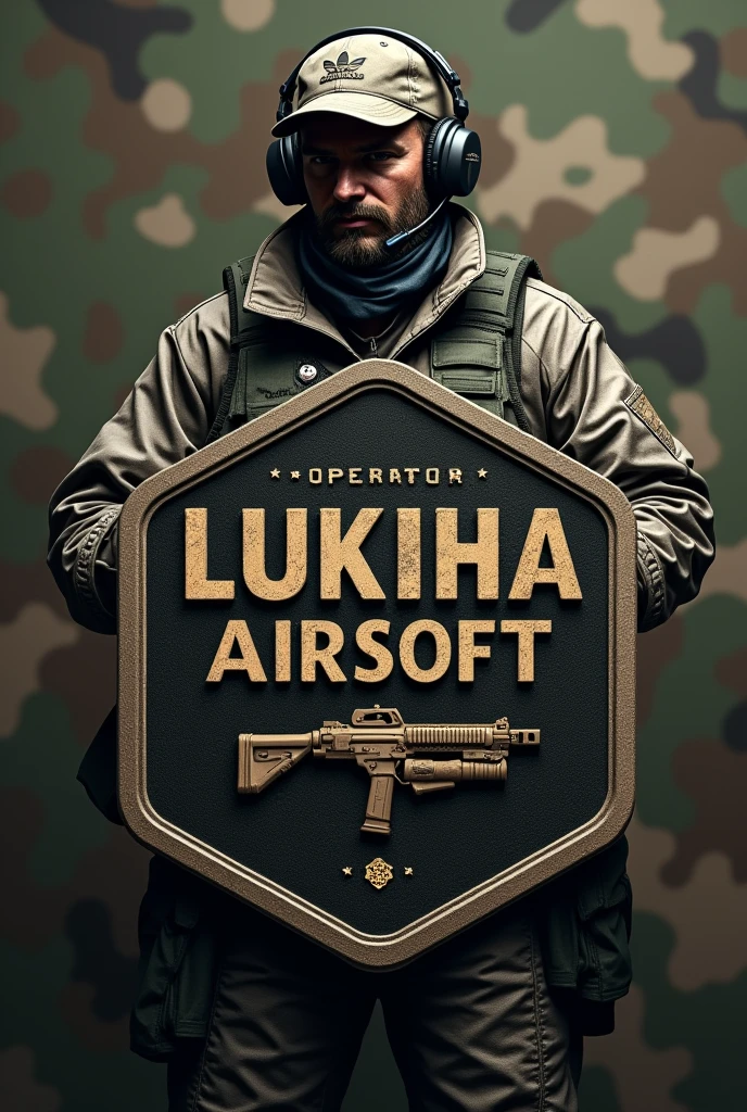 Create Cliché, Rubber patch, hexagonal coat of arms shield with the name Lukinha Airsoft and operator therefore an m4 rifle with a cap and headset with a camouflage background