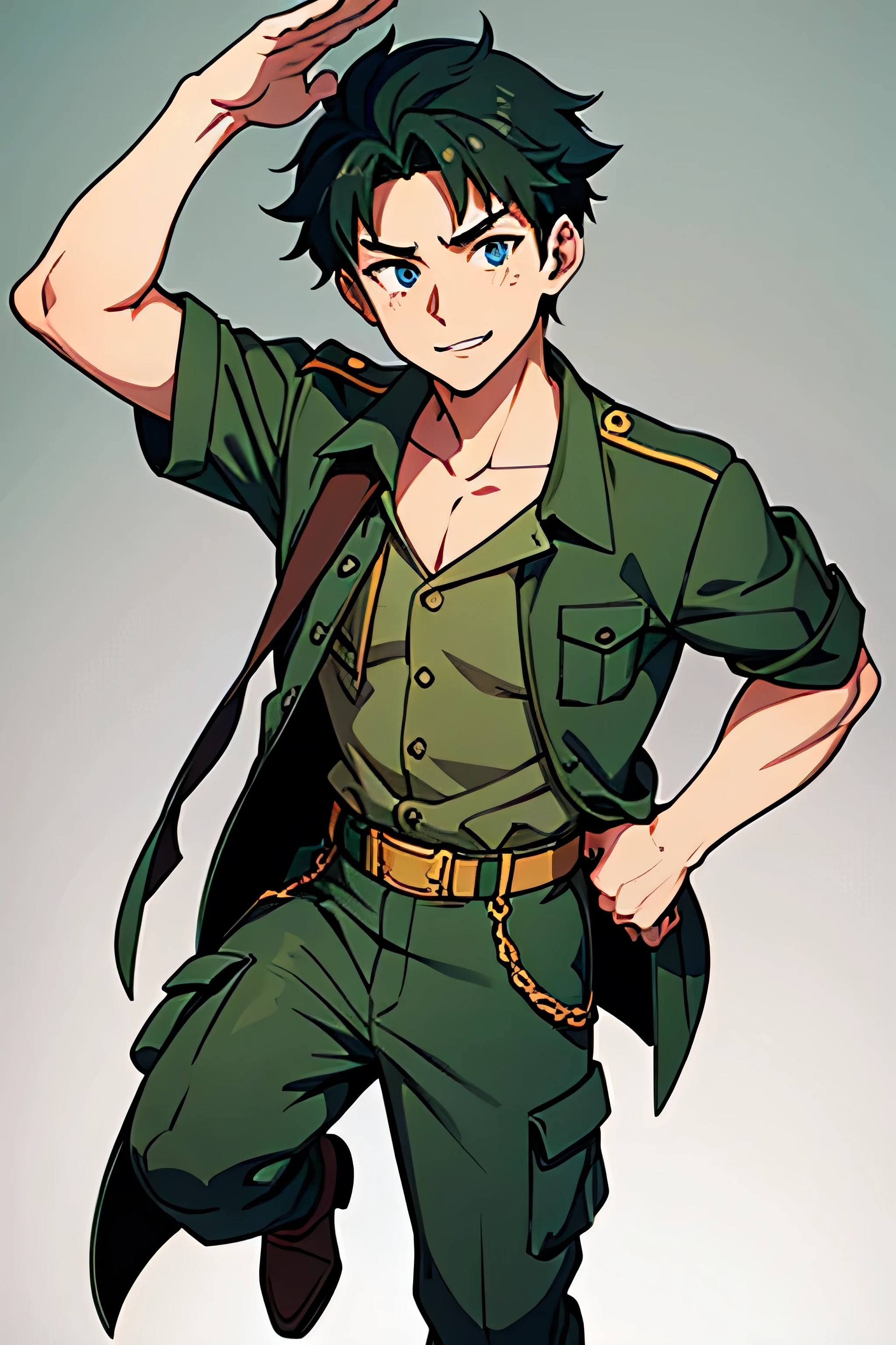 Anime-style illustration featuring a young male at 22 years old character full body image, with short, spiky dark green hair and light skin. dark eyes, friendly attitude, compassionate smile, He has a confident expression with blue eyes and a small bandage on his left cheek. The character is wearing a military uniform, with cargo pants, olive color, He also has a white belt and white straps over his shoulders. His right hand is raised to his forehead in a casual salute, and he wears a cross earring in his left ear. The background is dark with abstract, blurred shapes and light spots, asian features