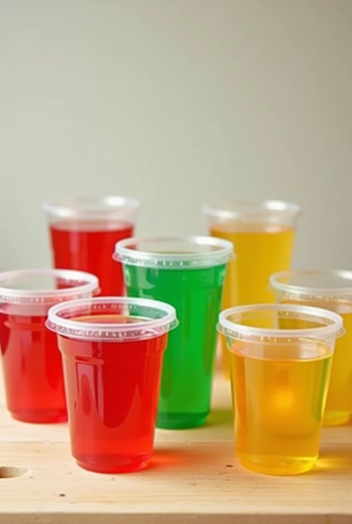 Various gelatins in plastic cups on the kitchen table