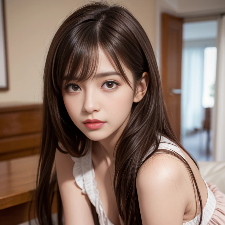 Wear pleated skirts, (knee shot), 1 woman, On the face, light brown hair, blunt bangs, hair behind ears, Hair over the shoulders, long hair, Slender body type, Super thin face, face slimming, delicate lips, beautiful eyes, Thin blush, Eyes are light brown,Check it out here, (realistic:1.3), One person's perspective, 8k, On the table, , Super detailed, high quality, best quality, High resolution, ,Large ,H CUP,