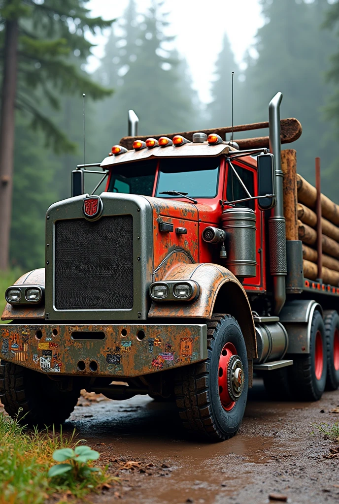Logging truck concept Optimus prime truck. Lot of sticker.