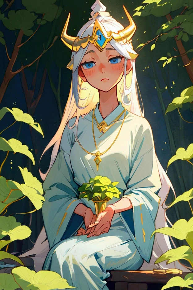 A charming anime illustration showing a serene and ethereal girl,She has long flowing white hair,blue eyes,fair skin,Gold necklace,Wearing an exquisite white Greek-style robe,Hand holding gold horn helmet,Sitting in the mysterious forest facing the audience。Depth of Field,A harmonious blend of soft ambient lighting and lush greenery and dreamy elements in the background,Highlights the charming atmosphere。her calm and graceful posture,With a gentle expression,Create a tranquil and otherworldly atmosphere,As if captured from a timeless fairy tale。