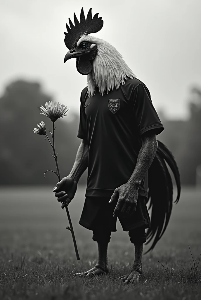 strong and avenging rooster on a human body in a black and white shirt with an evil face staring at a flower on the football field with the color photo.
