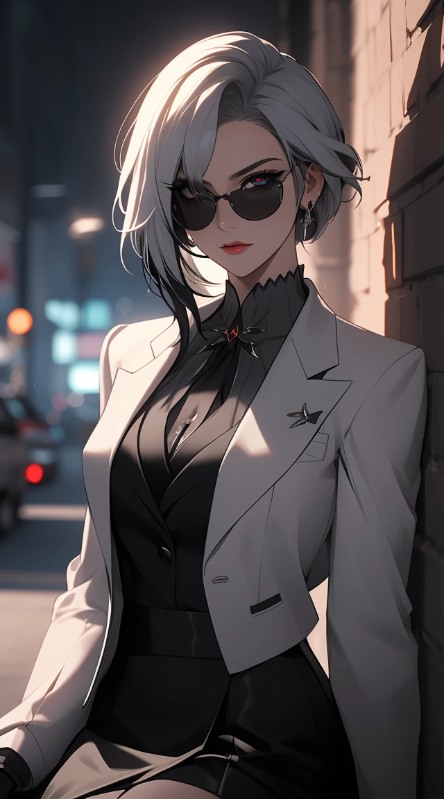 1girl, Gal Gadot solo, white hair, black hair, multicolored hair, black eyes, x-shaped pupils, BREAK (({Black business suit:1.40},{tie:1.20},{sunglasses:1.25},{White gloves:1.15},{ White shirt:1.10}, {Black Skirt:1.15}, good looking:1.5)) BREAK expressionless, looking at viewer, sitting, BREAK (masterpiece:1.2), best quality, high resolution, unity 8k wallpaper, (illustration:0.8), (beautiful detailed eyes:1.6), extremely detailed face, perfect lighting, extremely detailed CG, (perfect hands, perfect anatomy),