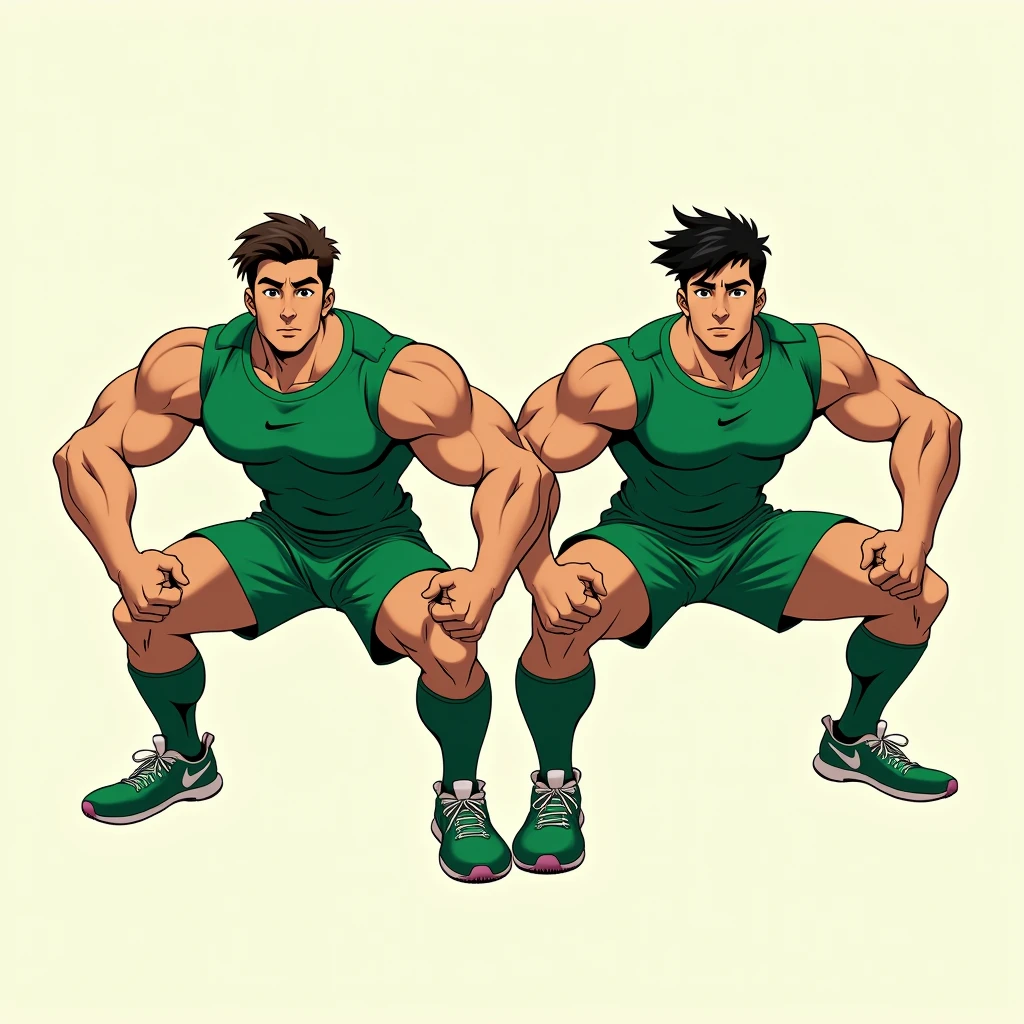anime art: two masculine 22-year-old males with a big bulge, wearing a green soccer outfit , they're squatting down, flexing biceps, front angle view, big bulges