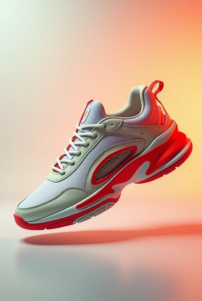 Créez une image d'une chaussure de sport moderne, tennis dont le design est inspiré par une voitures. Les éléments comme des vitres et des lumières intégrées. Les couleurs seront le beige vif et le blanc, rouge pour capturer l'esprit dune voitures. La chaussure de sport doit avoir une allure dynamique et élégante, évoquant à la fois la vitesse et l'énergie du sport dans les pieds d un adolescent.