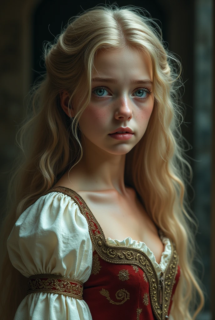 (photorealism:1.2), a beautiful girl, long blonde hair, blue-gray eyes. Slightly white complexion, with a medieval dress, crying 