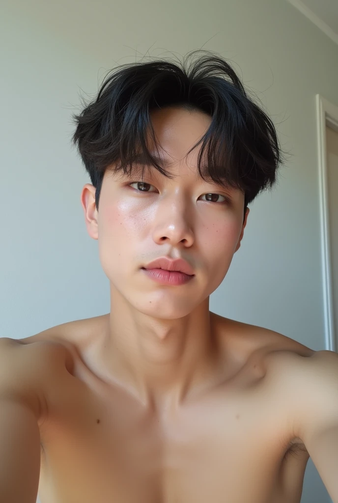 Realistic photo of a Korean male kpop singer, jungkook BTS, 24 years, pale face, beautiful face, face with rosy cheeks and freckles, Muscular and strong body, shaved hair, shaven hair, shaved hair, wearing no shirt, Selfie, POST for Instagram, Selfie, kpop singer style