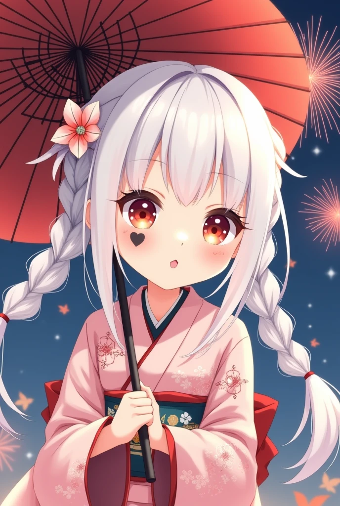 Anime illustration icon, cute white hair, older sister, red and black heart sticker on right cheek, black heart sticker is smaller than red heart sticker, upper right, kimono, Japanese umbrella background, autumn leaves, lots of fireworks, night
三つ編みお下げ