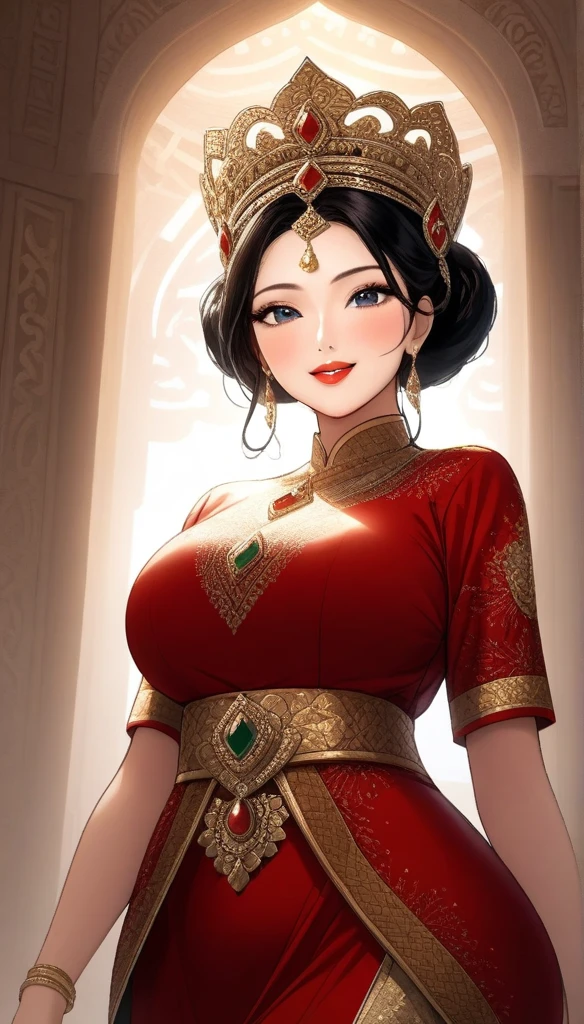 Create a striking and cinematic photo featuring a curvaceous Indonesian woman, 30 years old, tall sexy body, detailed eyes, clear eyes, voluptuous smile, perfect make-up, flushed face, red lips, shiny lips, perfect nose, (wearing an Ancient Indonesian Javanese royal costume: 1.4), wearing a diamond crown, Uses dramatic and moody lighting techniques to create an exciting atmosphere that emphasizes the intensity and power dynamics within the group. Capture the essence of their unity and dignity" sexy standing pose, curvy, inside the palace, ultra detailed, view from below