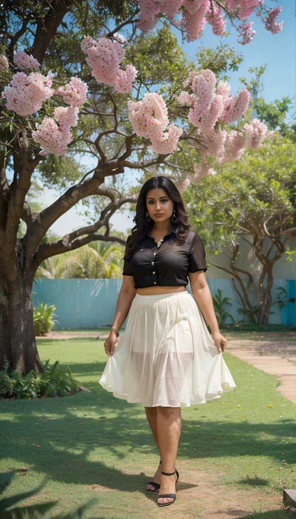 Day scene, A radiant, full-figured South Indian 35 year old aunty a cream colour chiffon mini skirt and black chiffon shirt, standing, in a garden captured in a full-body image with vibrant hues and meticulous details. Full body image