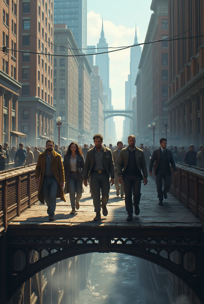 group of brave people crossing a bridge in the middle of the city, buildings