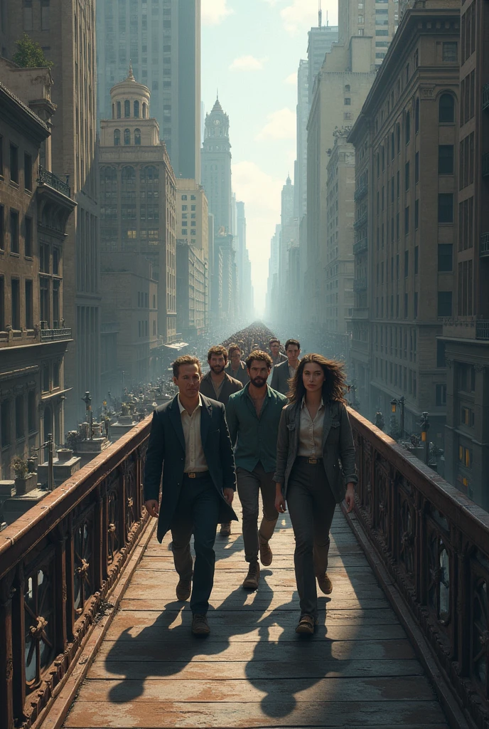 group of brave people crossing a bridge in the middle of the city, buildings