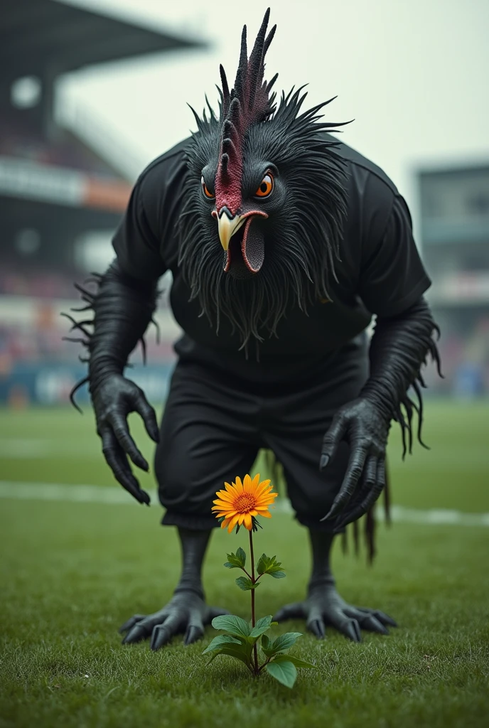 strong and avenging rooster on a human body in a black and white shirt with an evil face staring at a flower on the football field with the color photo.