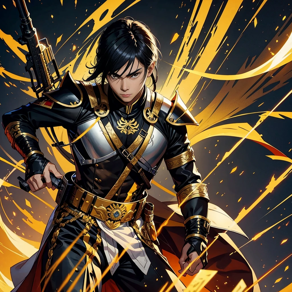 Thai male character ,Thai Warrior Costume, Ready for battle, Inspiration from the Black Organization,Holding a weapon and wearing a Thai war helmet,Wear Thai armor for a discount,Have leadership,Yellow tones