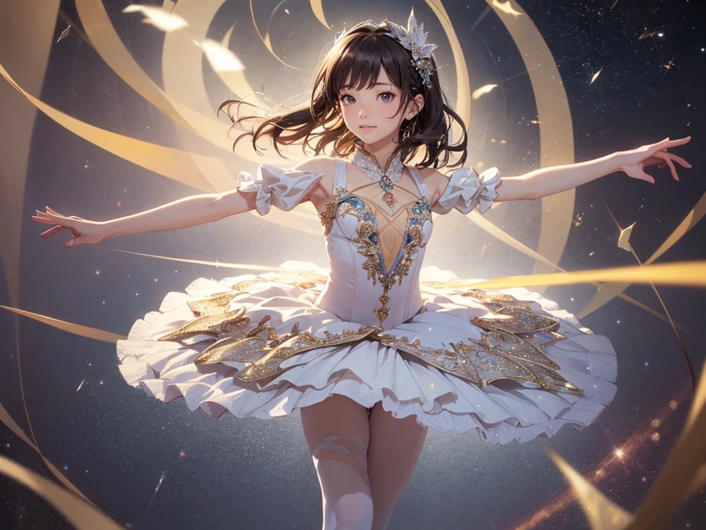 Absurd, High resolution, Super detailed、Esbian all over body、Primaballerina_tutu、Ballerina doing an arabesque、Excellent anatomy、Realistically recreated poses、(((Extend one leg back for balance、Spread your arms)))、She is wearing a tutu、Glitter、((Pointe shoes)、Standing on tiptoes)、Beautiful pose、Ripples of light from beneath your feet.、Overall atmosphere、Light tones、Delicate texture、Beautiful and harmonious、Creating a fantastic space、Glitter、universe、planet、deep