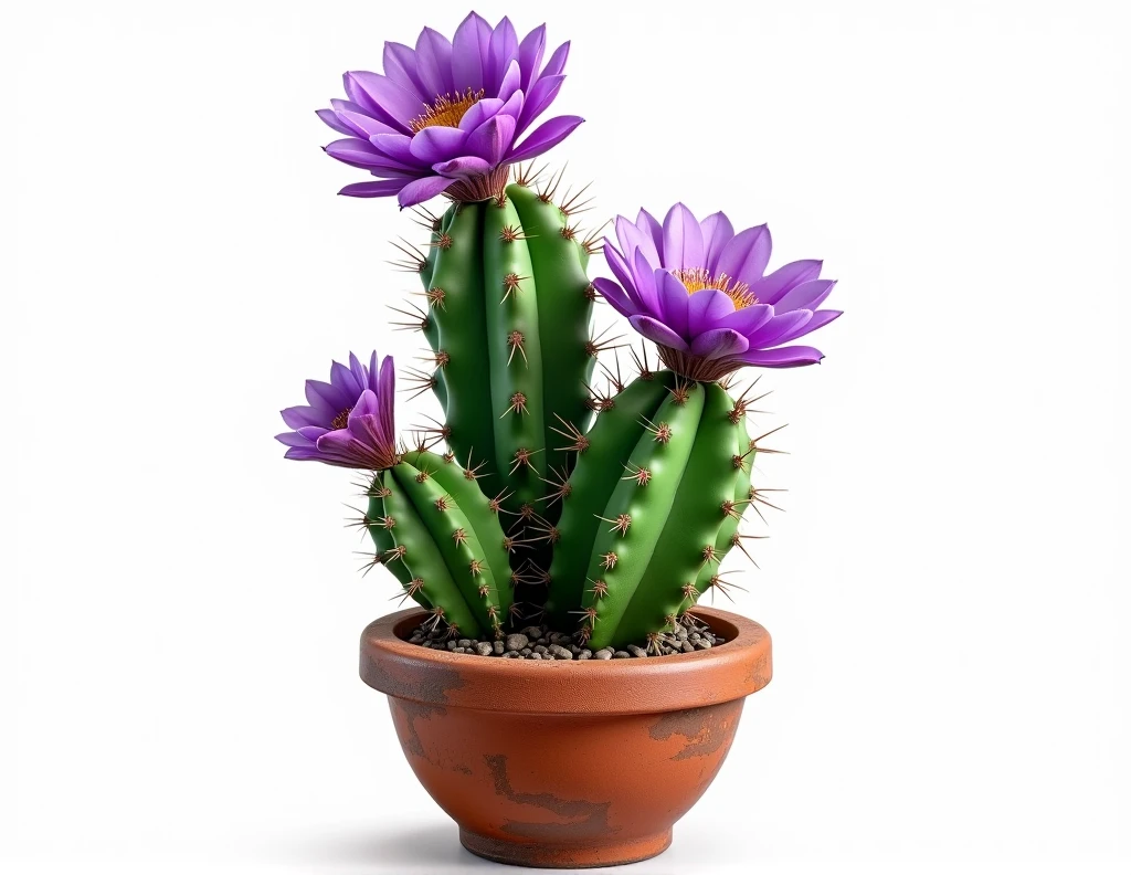 Mexican cactus, with purple flowers, in a clay pot, on white background.