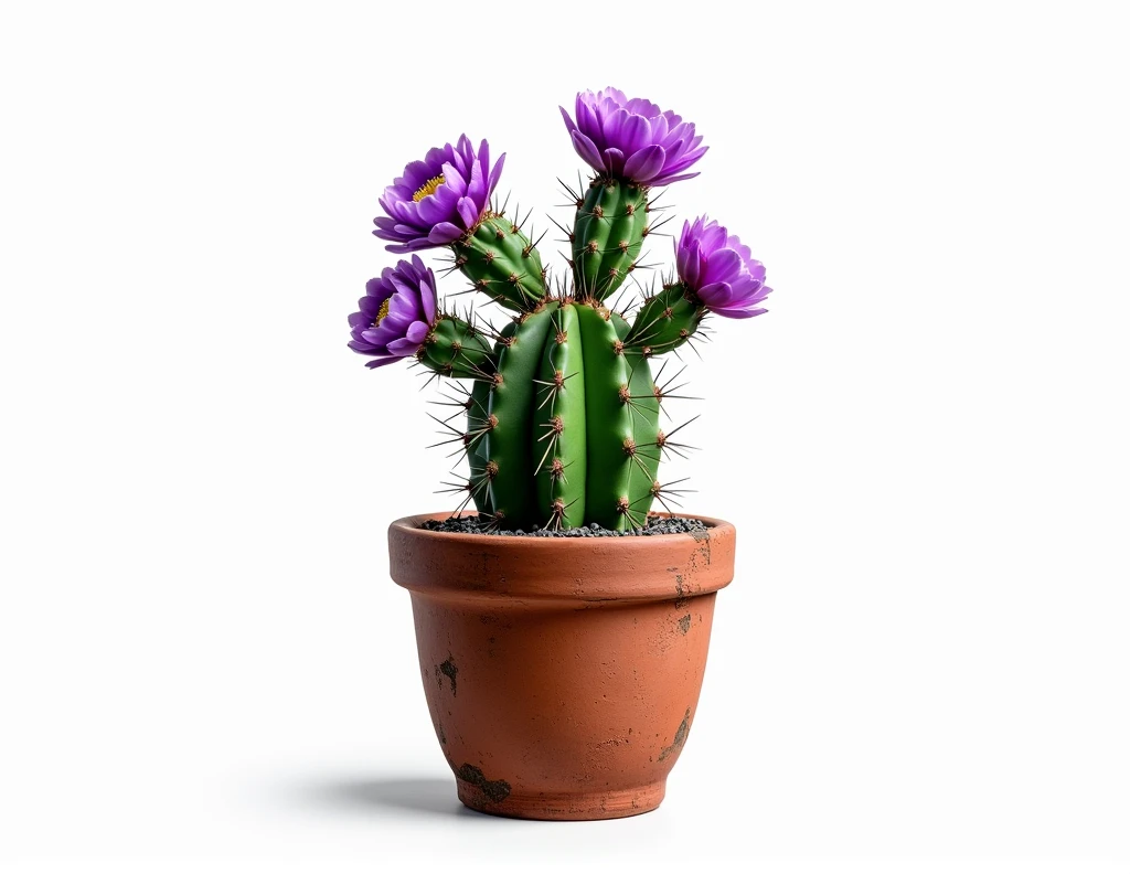 Mexican cactus, with purple flowers, in a clay pot, on white background.