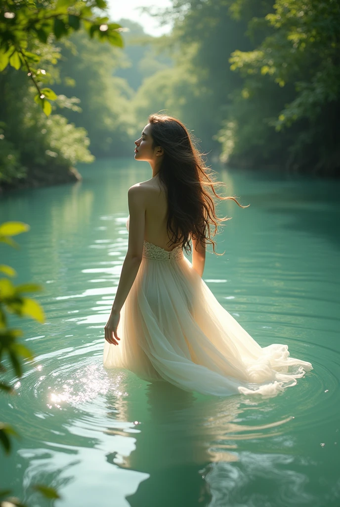 1 beautiful girl wading in a serene lake, long wavy hair, delicate facial features, elegant white dress flowing in the breeze, sunlight glimmering on the water, lush green foliage surrounding the scene, (best quality,4k,8k,highres,masterpiece:1.2),ultra-detailed,(realistic,photorealistic,photo-realistic:1.37),cinematic lighting,dramatic composition,vibrant colors,ethereal atmosphere