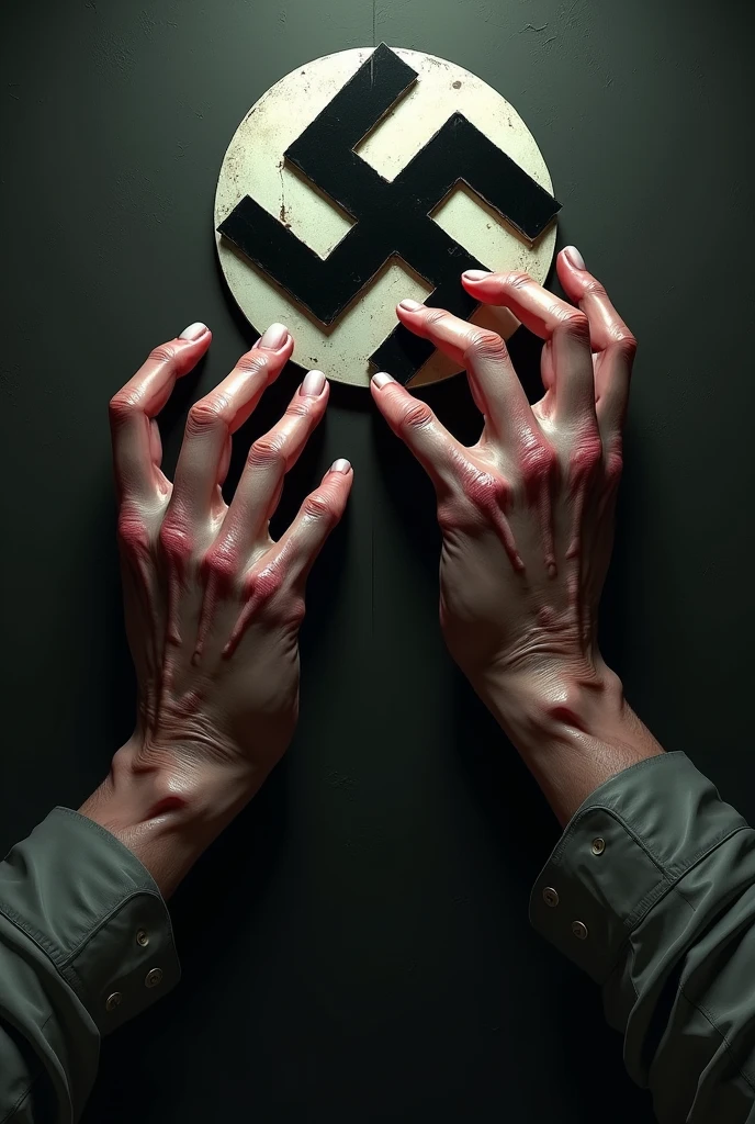 Two suffering hands holding the symbol of Nazism