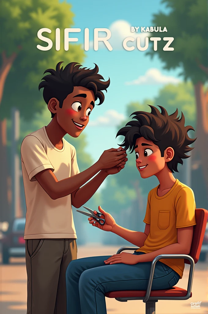 An animated picture where a person is cutting another person's hair outside and the picture should have the words Sifir cutz by kabula written in capital letters
