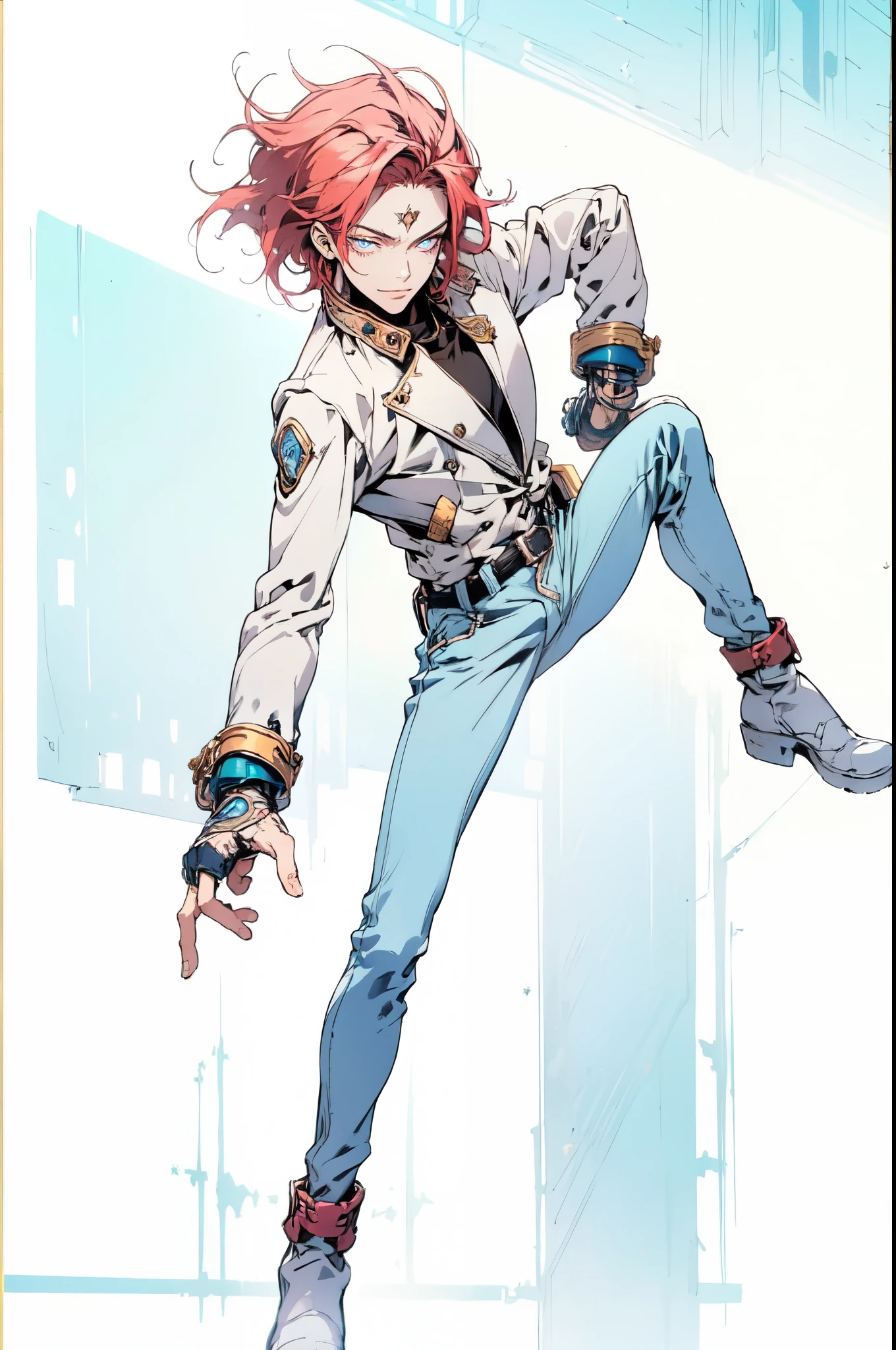 (masterpiece:1.2, best quality:1.2, extremely delicate:1.2), ((male:1.5)), a young man with messy red hair, a leather strap tied around his forehead, a handsome face, bright eyes, a rebellious smile, a slender build, a futuristic fantasy-style black and white leather jacket, dark jeans, hiking boots, he is making an exaggerated leap above the city, this character embodies a finely crafted futuristic fantasy-style rogue in anime style, exquisite and mature manga art style, dramatic, high definition, highres, ultra-detailed, ultra-fine painting, professional, perfect body proportions, golden ratio, anatomically correct, symmetrical face, extremely detailed eyes and face, high quality eyes, creativity, RAW photo, UHD, 32k, Natural light, cinematic lighting, (masterpiece-anatomy-perfect:1.2)