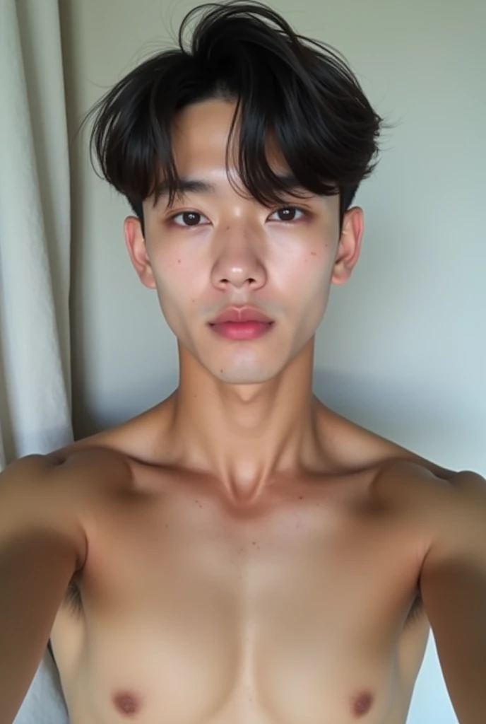 Realistic photo of a Korean male kpop singer, jungkook BTS, 24 years, pale face, beautiful face, face with rosy cheeks and freckles, Muscular and strong body, shaved hair, shaven hair, shaved hair, wearing no shirt, Selfie, POST for Instagram, Selfie, kpop singer style