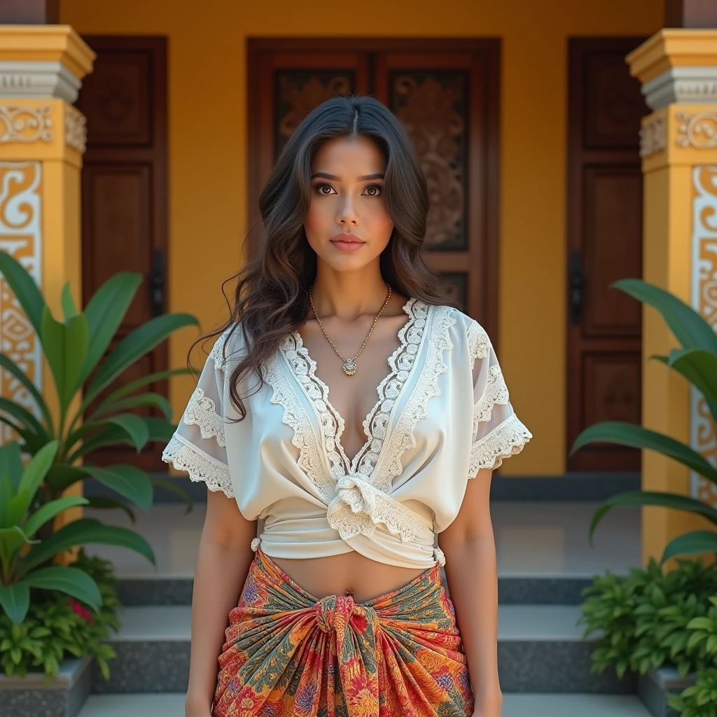 (best quality,4k,8k,highres,masterpiece:1.2),ultra-detailed,(realistic,photorealistic,photo-realistic:1.37),foto,portrait of 35-year-old woman,belonging to,sexy plump body,photo with sensual and seductive expression face, wearing a sexy balinese white kebaya (intricate lace details) and knee-lenght batik sarong, with a background of traditional Balinese house,Balinese traditional house,traditional Bali house,brightly colored,ornate building,garden surrounding the house,traditional Balinese architecture,tropical plants,green and lush,decorative Balinese entrance gate,artistically carved wooden door,affectionate expressions,detailed facial features,beautiful detailed eyes,beautiful detailed lips,extremely detailed eyes and face,long eyelashes,vivid colors,Balinese color palette,warm tones,tropical hues,multi-generational family,happy and harmonious atmosphere,Nyepi decorations,Balinese arts and crafts,religious motifs,Frangipani flowers,floral offerings,Balinese culture,authentic Balinese atmosphere,peaceful ambiance,generational bond,joyful memories,love and togetherness,memorable family time,family heritage and tradition.