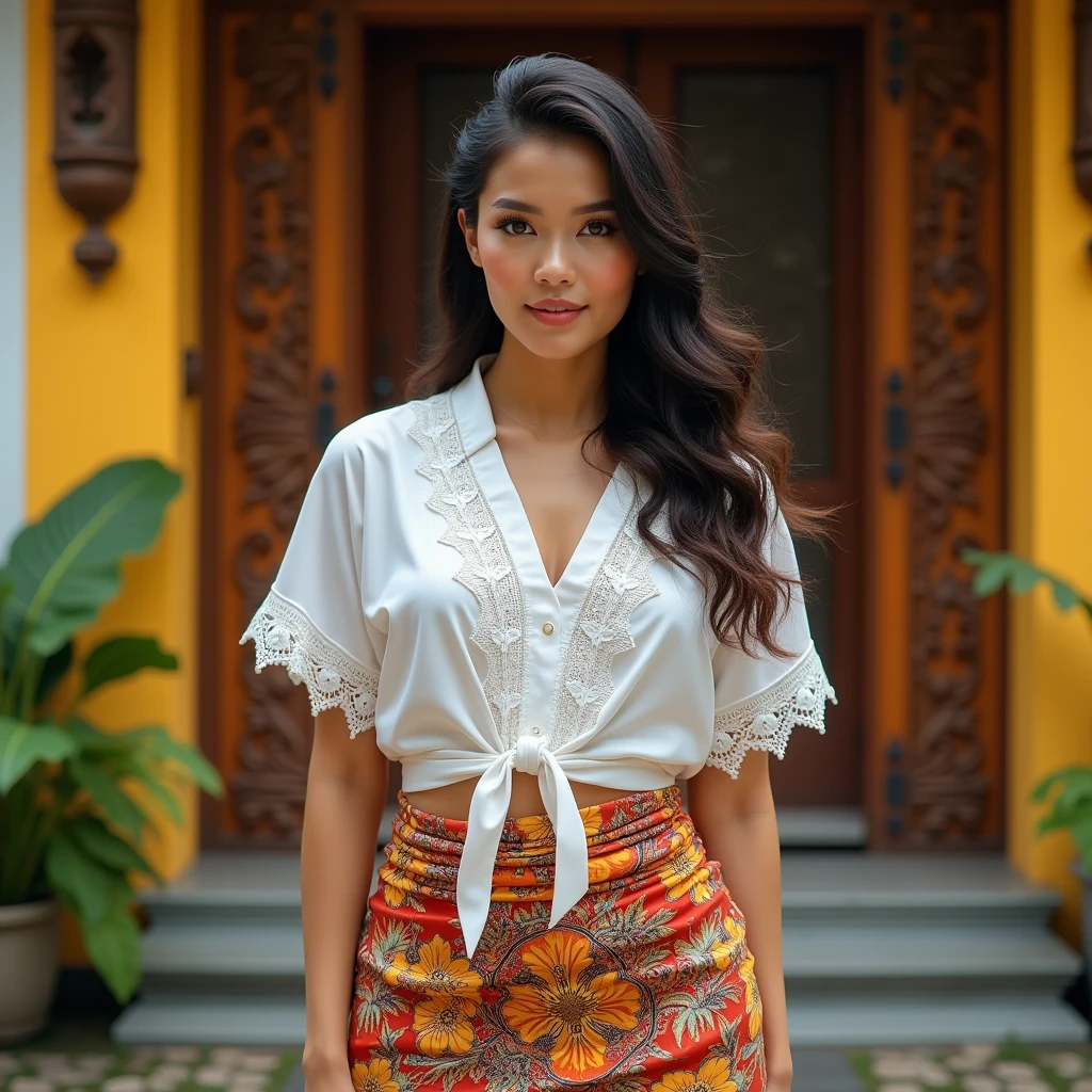 (best quality,4k,8k,highres,masterpiece:1.2),ultra-detailed,(realistic,photorealistic,photo-realistic:1.37),foto,portrait of 35-year-old woman,belonging to,sexy plump body,photo with sensual and seductive expression face, wearing a sexy balinese white kebaya (intricate lace details) and knee-lenght batik sarong, with a background of traditional Balinese house,Balinese traditional house,traditional Bali house,brightly colored,ornate building,garden surrounding the house,traditional Balinese architecture,tropical plants,green and lush,decorative Balinese entrance gate,artistically carved wooden door,affectionate expressions,detailed facial features,beautiful detailed eyes,beautiful detailed lips,extremely detailed eyes and face,long eyelashes,vivid colors,Balinese color palette,warm tones,tropical hues,multi-generational family,happy and harmonious atmosphere,Nyepi decorations,Balinese arts and crafts,religious motifs,Frangipani flowers,floral offerings,Balinese culture,authentic Balinese atmosphere,peaceful ambiance,generational bond,joyful memories,love and togetherness,memorable family time,family heritage and tradition.