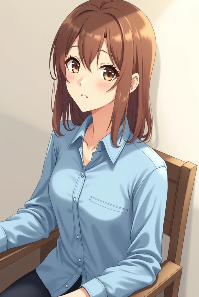 anime girl with brown hair and blue shirt sitting in a chair, an anime drawing inspired by Itō Shinsui, trending on pixiv, shin hanga, in a kimono, in kimono, wearing simple robes, wearing a simple robe, artwork in the style of guweiz, anime visual of a young woman, made with anime painter studio, high quality portrait