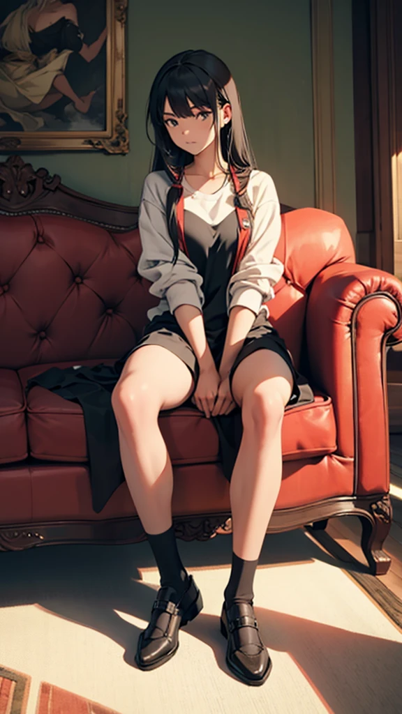 full body of a girl, sitting on a couch