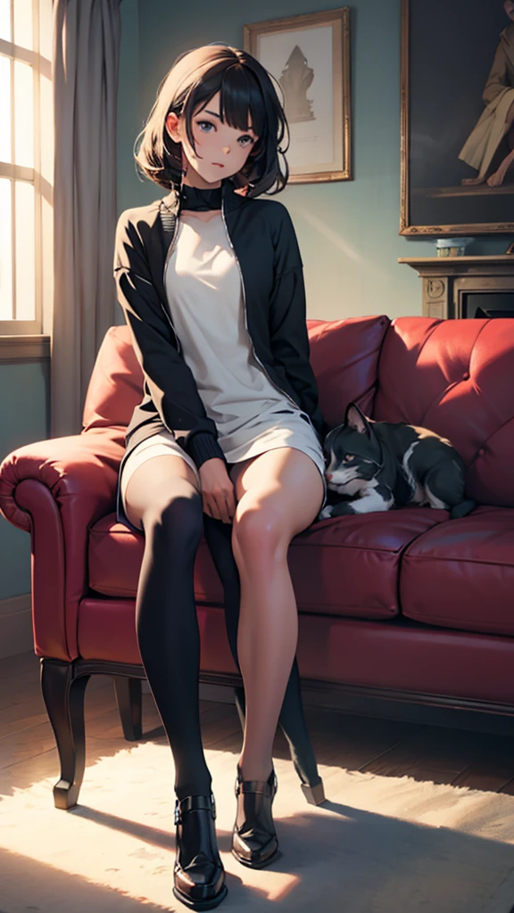 full body of a girl, sitting on a couch