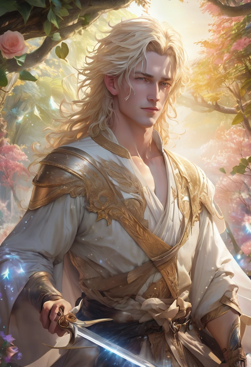 masterpiece,1 male warrior,adult,Beautiful face,young,handsome, pale blond hair, advanced,Antique theme,Fairies,Ancient costumes,holding sword,Sunlight, enchanted fey garden,Long hair flying,Sunlight,Background style,breeze blowing,Loose robe,fantasy landscape,Starlight around the character,(whole body),(first-person view, pov, UHD, retina, masterpiece, accurate, anatomically correct, textured skin, super detail, award winning, 8k)
