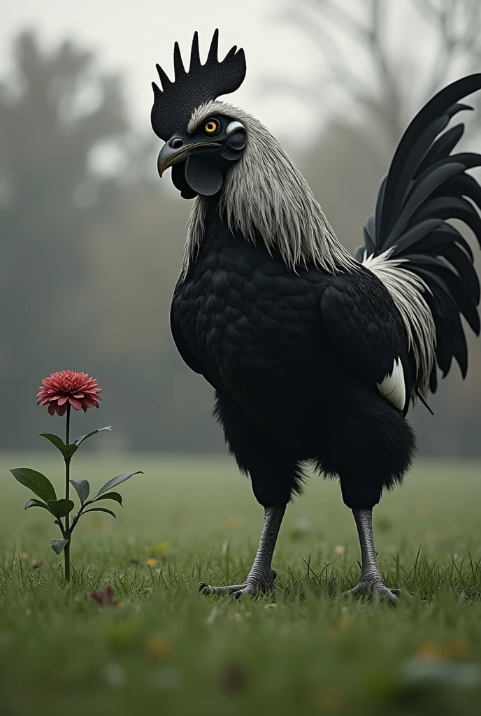 strong and avenging rooster on a human body in a black and white shirt with an evil face staring at a flower on the football field with the color photo.
