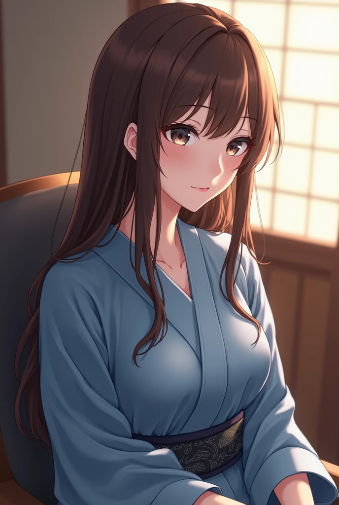anime girl with brown hair and blue shirt sitting in a chair, in a kimono, in kimono, wearing simple robes, wearing a simple robe, artwork in the style of guweiz, anime visual of a young woman, made with anime painter studio, high quality portrait, realistic anime 3 d style, makoto sinkai, female anime character, wearing a long flowing robe